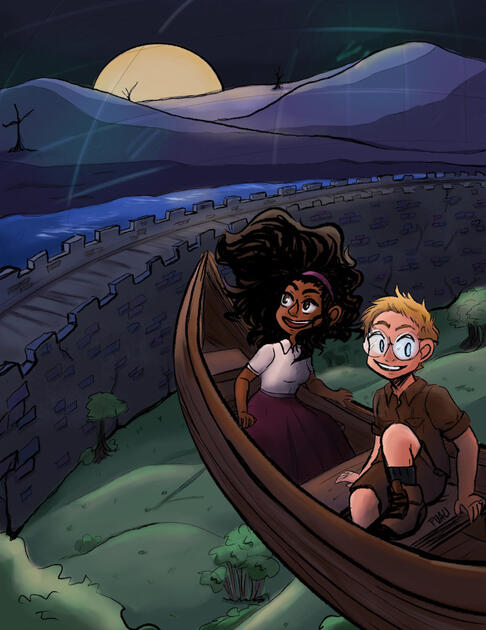 &quot;Above and Beyond.&quot; Commissioned by Raymond Vollmond. This piece features characters from his novel, &quot;Catarina Freytas y el anillo perdido.&quot;